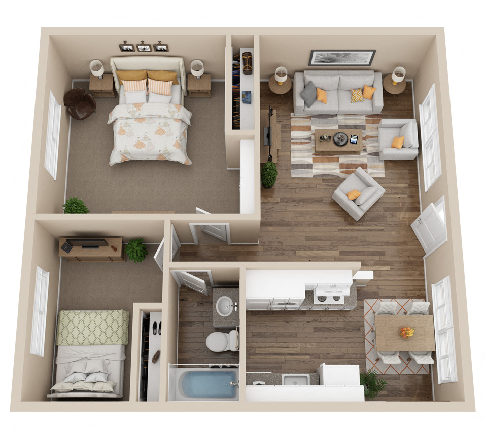 Floor plan for 2 beds, 1 bath, 670 sqft